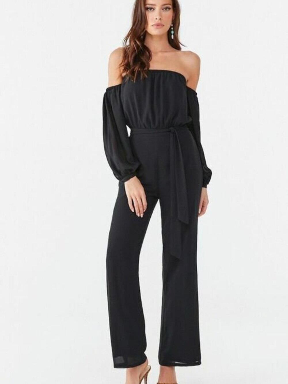 Forever 21 Black Off-the-Shoulder Wide Leg Jumpsuit Small S